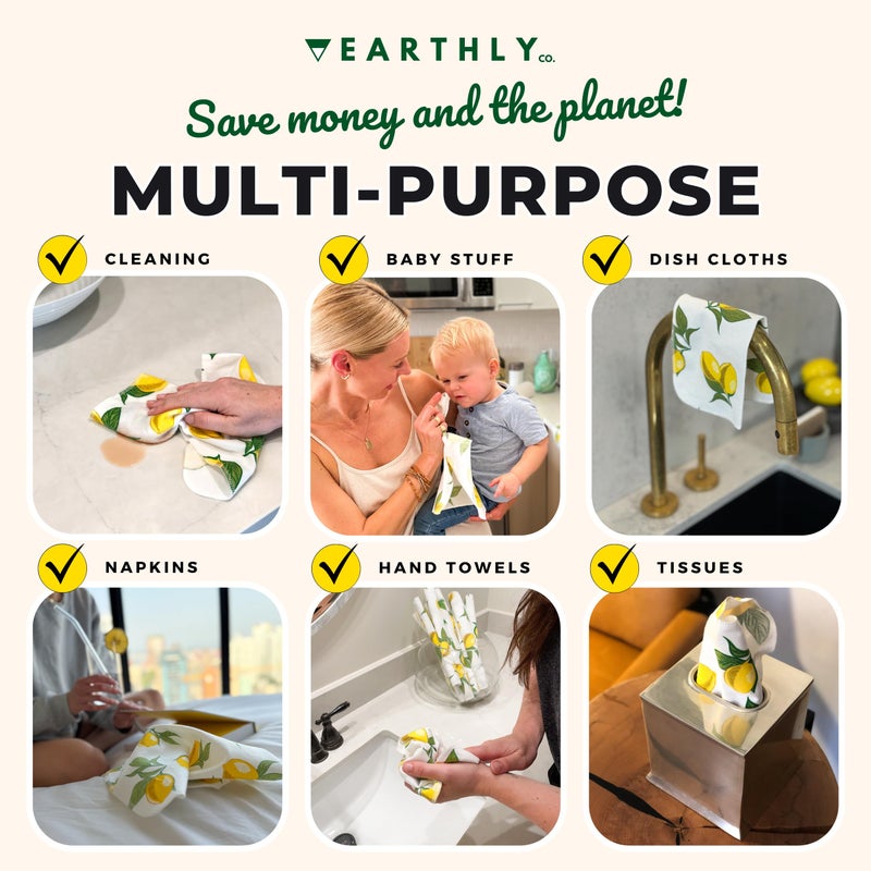 Earthly Co. Reusable Paper Towels - 10 Pack - Roll of Washable Cotton Cloth Paper Towels - Paperless Reusable Napkins Cloth Washable - Absorbent + Long Lasting - Zero Waste Products - (Lemon) - Image 5